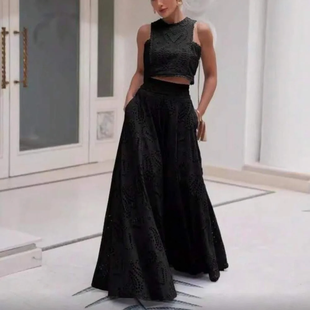 Elegant Black Eyelet Maxi Skirt and Top Set_2